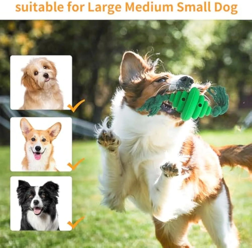 Green and yellow silicone dog ball with knotted rope attached, showing food dispenser openings.