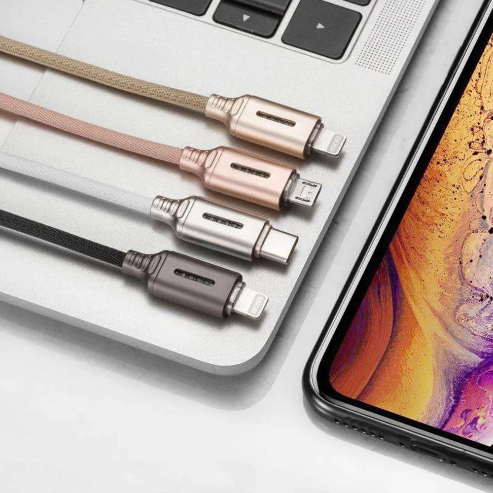 Fabric woven fast charging USB cable in various colours, showing 1-metre length and connector types.