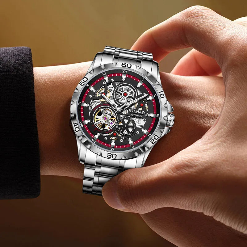 Men's automatic skeleton watch with luminous hands and stainless steel strap