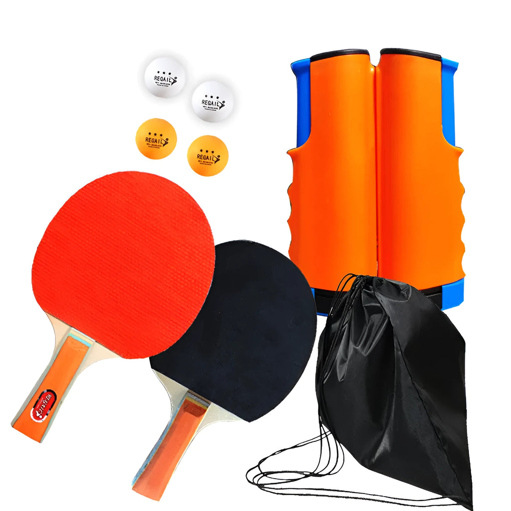 Portable table tennis racket set with two paddles, retractable net, four balls, and carry bag