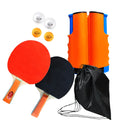 Portable table tennis racket set with two paddles, retractable net, four balls, and carry bag