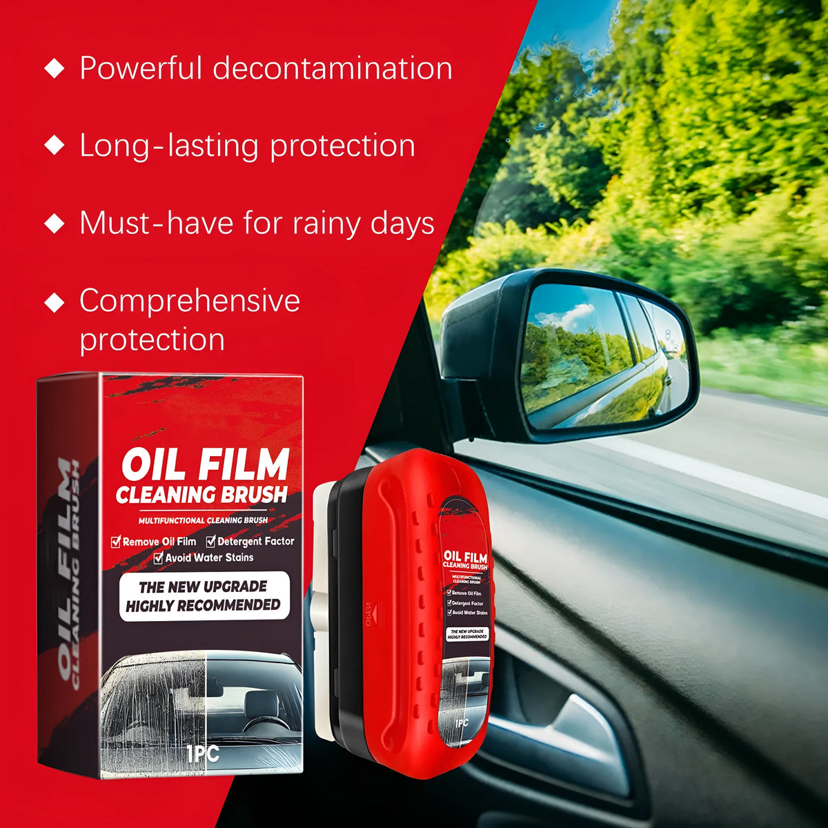 Car glass oil film cleaner with integrated liquid brush and reusable foam sprayer for windscreen cleaning