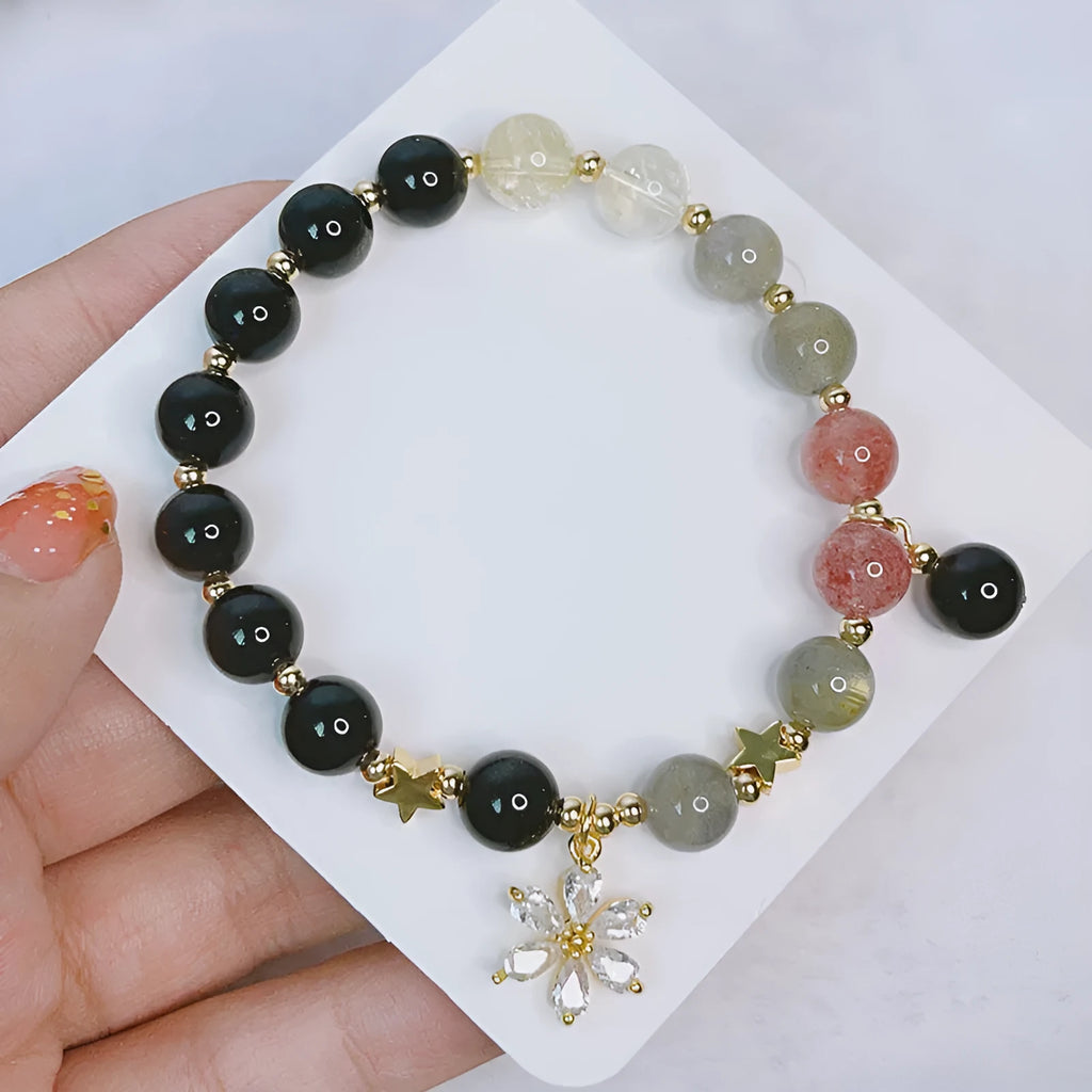 Silver stone bracelet with electroplated finish, sweet cool style, showing flower motif option