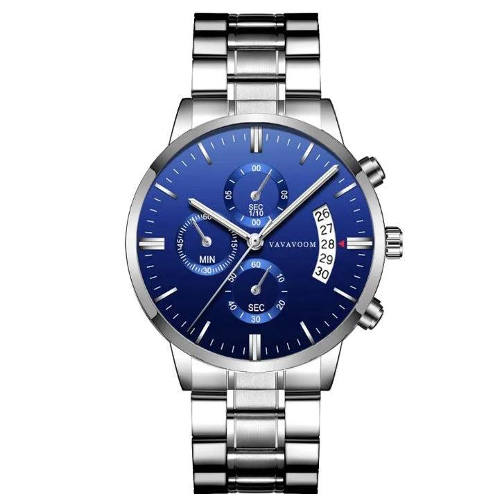 Men's stainless steel watch with round 43mm dial showing calendar display and quartz movement