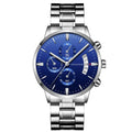Men's stainless steel watch with round 43mm dial showing calendar display and quartz movement