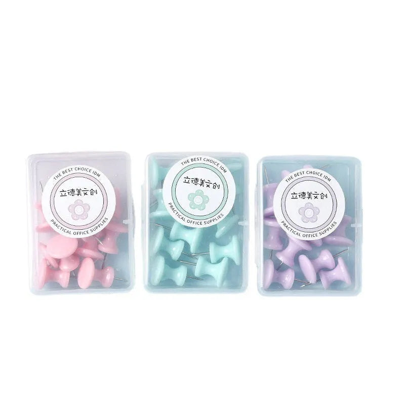 Macaron colour plastic push pins in large and small sizes including cherry blossom pink, mint green and lavender options