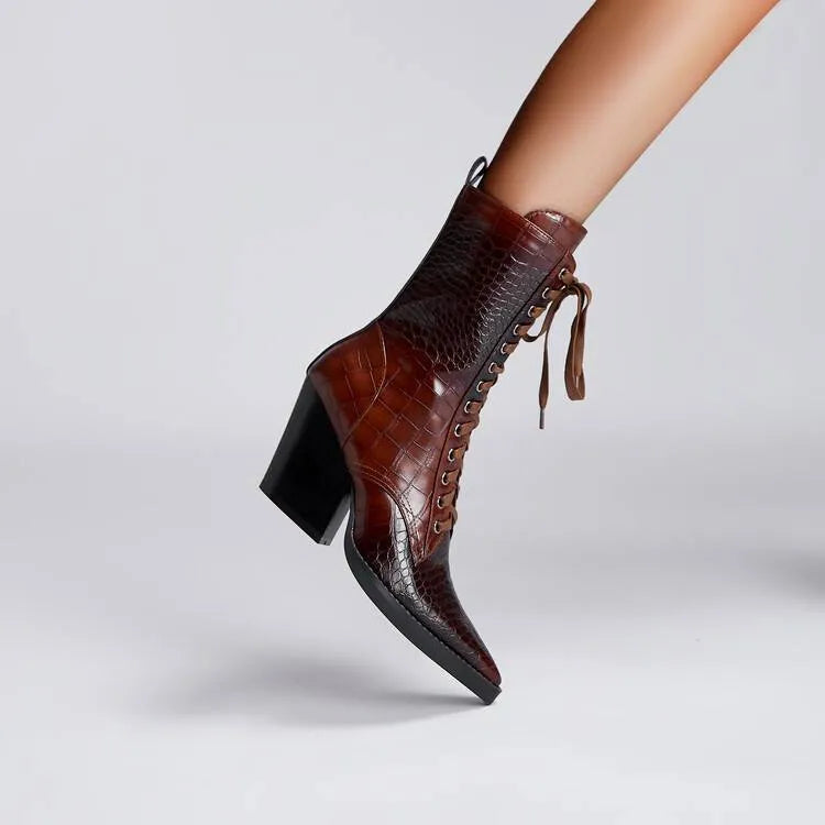 Dark brown women's lace-up ankle boots with a retro stone pattern, pointed toe, and a chunky high heel.