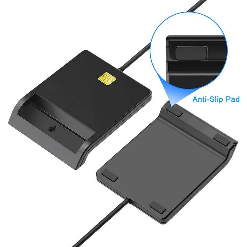 DM-HC65 USB Smart Card Reader in black ABS casing, front view with USB cable and card slot