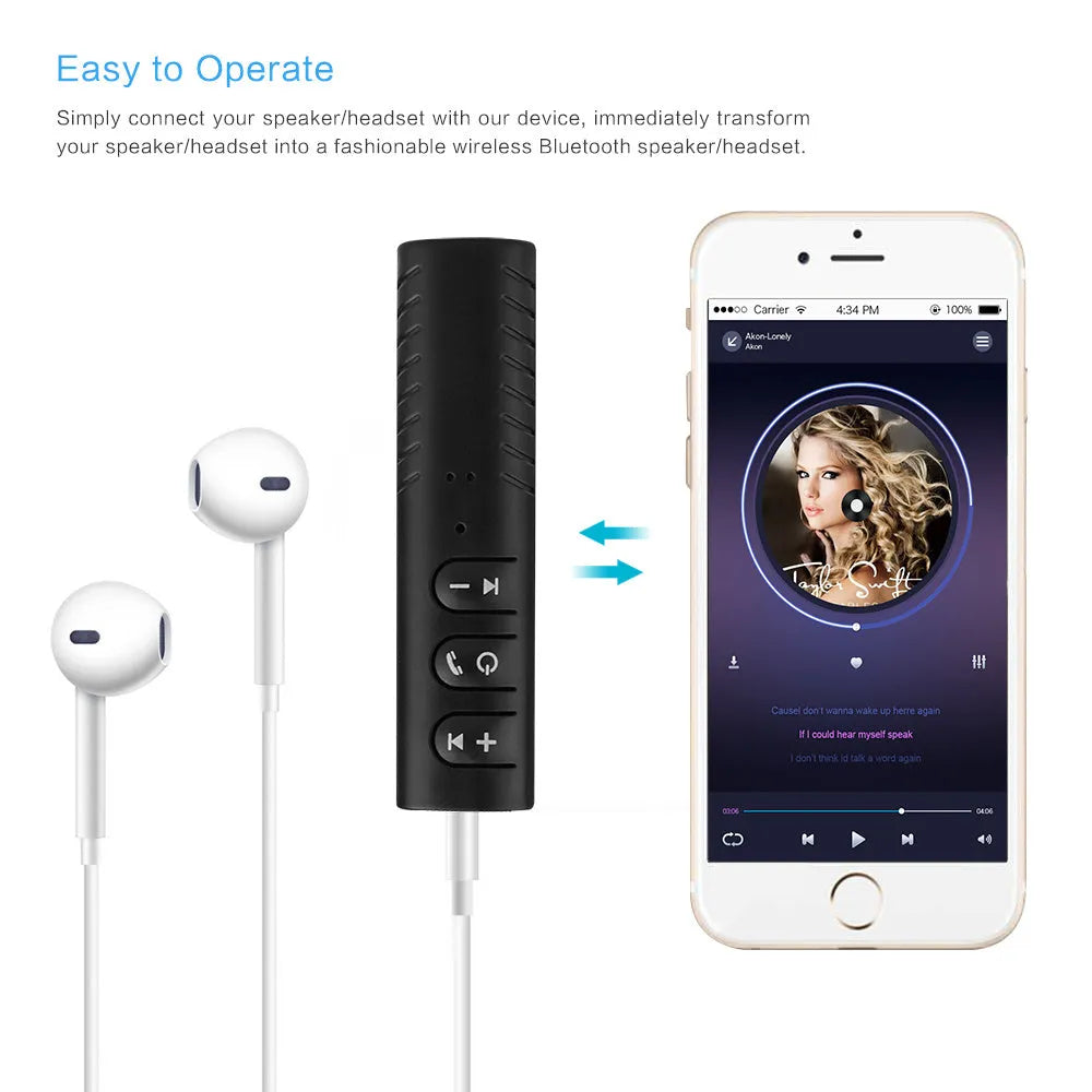 Black universal Bluetooth audio receiver adapter with 3.5mm jack for car stereo and speaker wireless upgrade