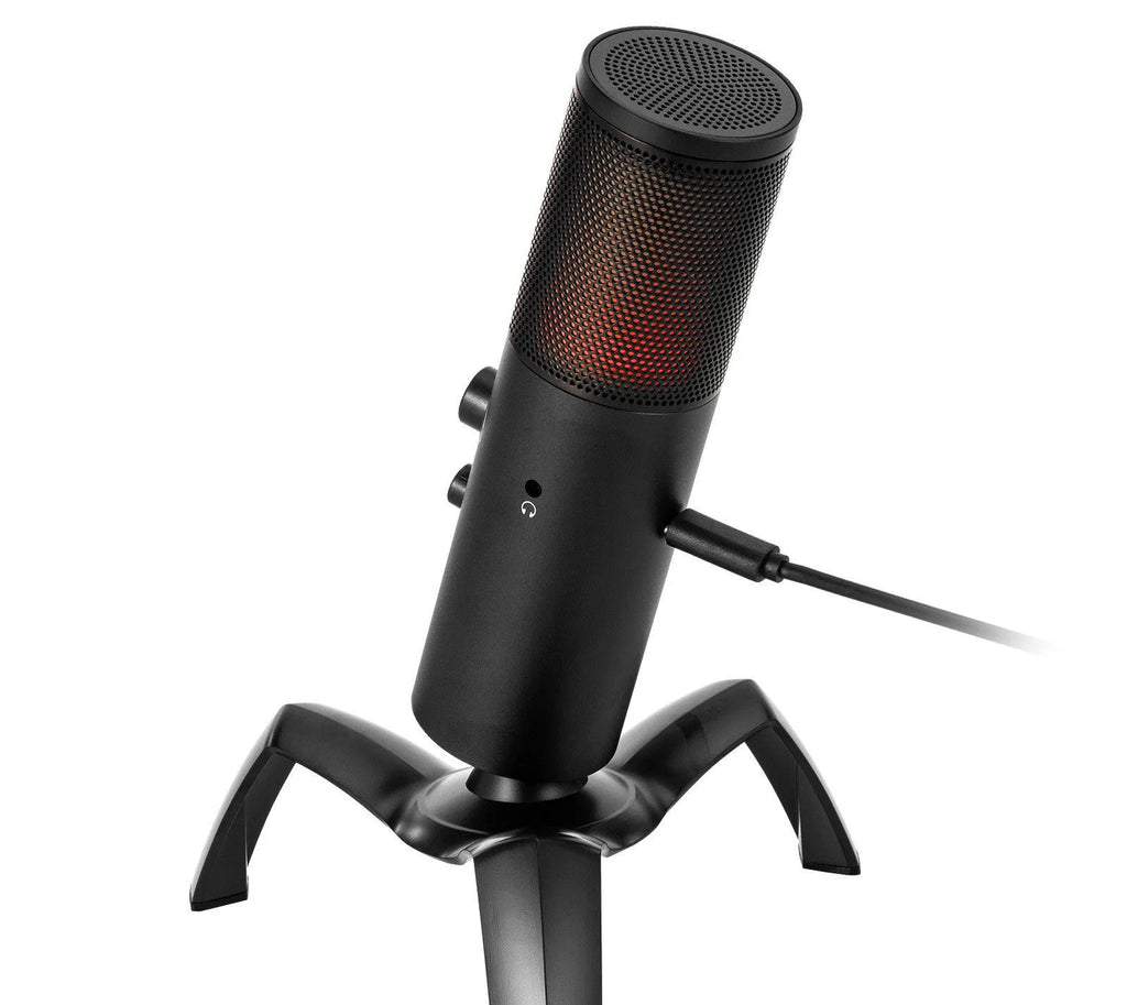 Black Q18 USB condenser microphone with RGB lights on a metal tripod stand.