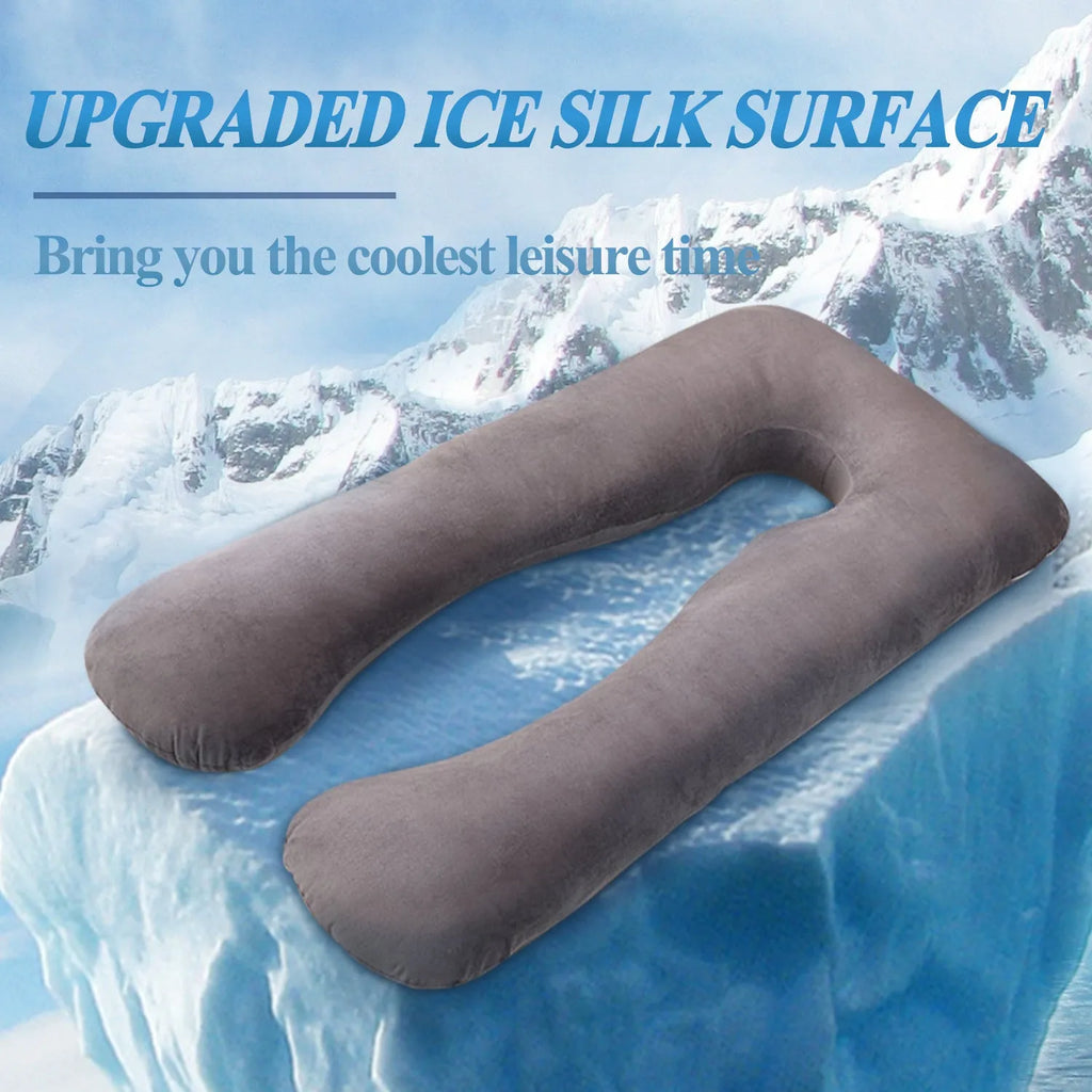 U-shaped maternity pillow in ice silk fabric for pregnancy support, shown in light blue colour.