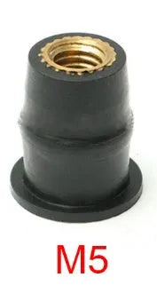 Ten black rubber brass well nut fasteners for motorcycle wind deflector and panel mounting.