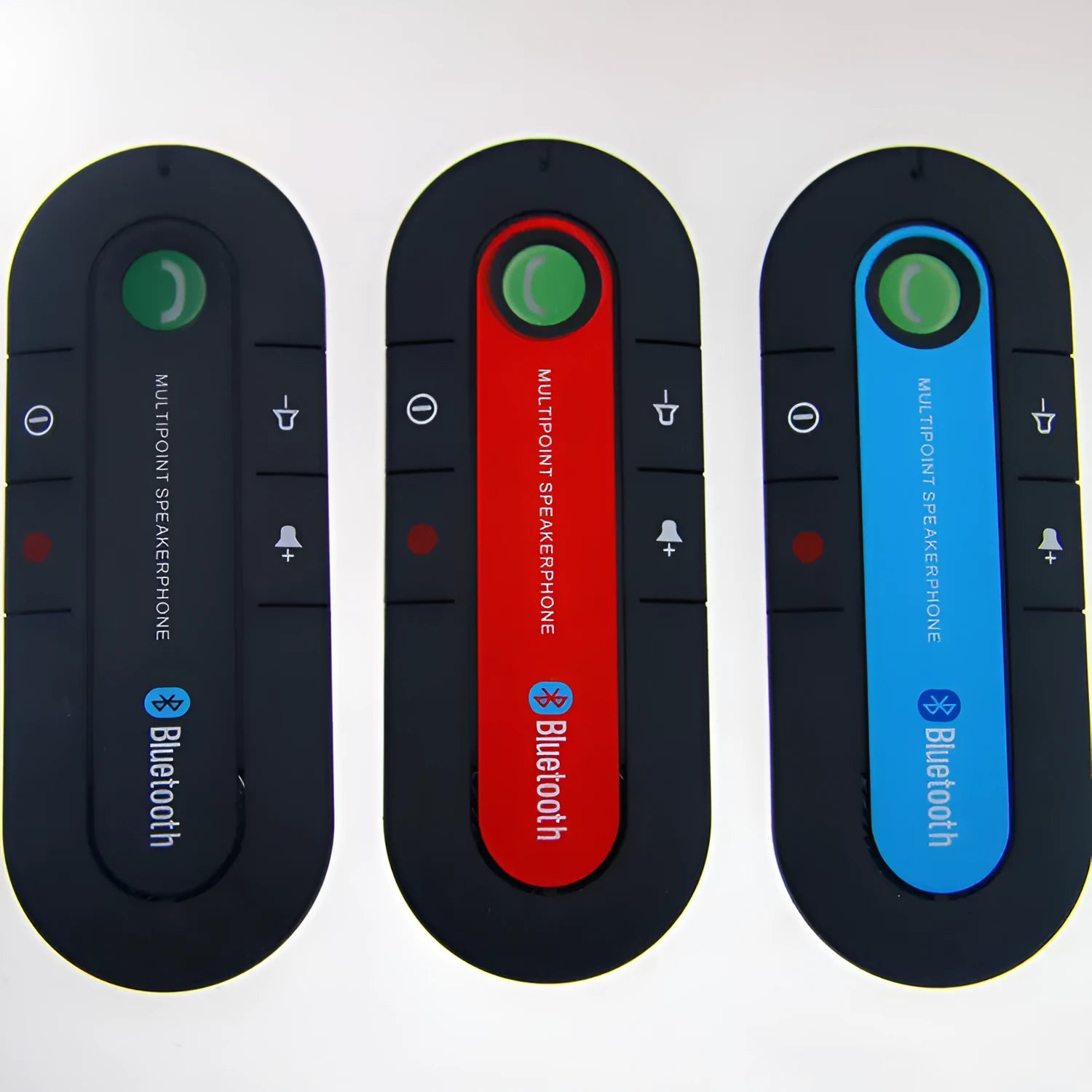 Black vehicle-mounted Bluetooth handsfree and music player device attached to a car sun visor.