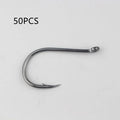Bulk pack of barbed fishing hooks with crooked mouth and hole ring for sea fishing.