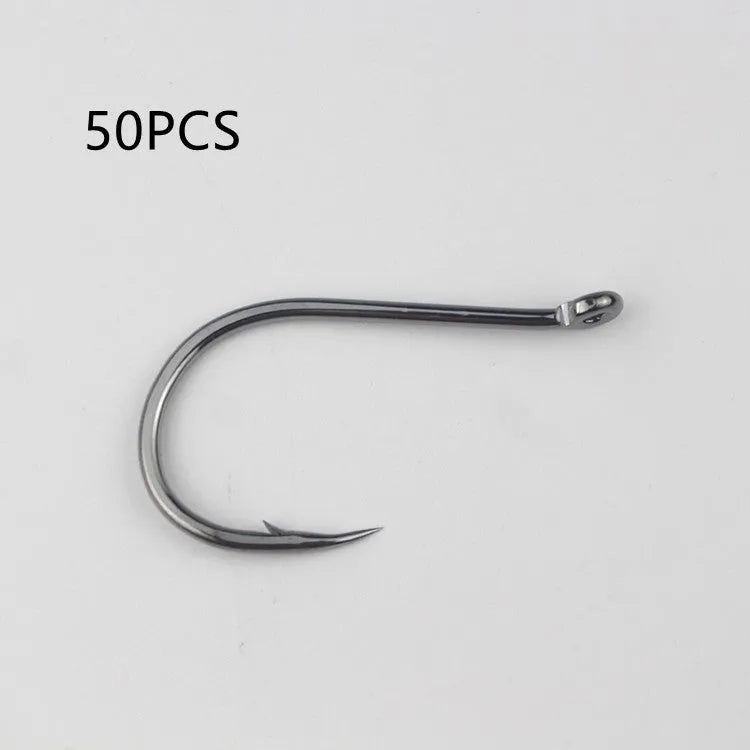 Bulk pack of barbed fishing hooks with crooked mouth and hole ring for sea fishing.
