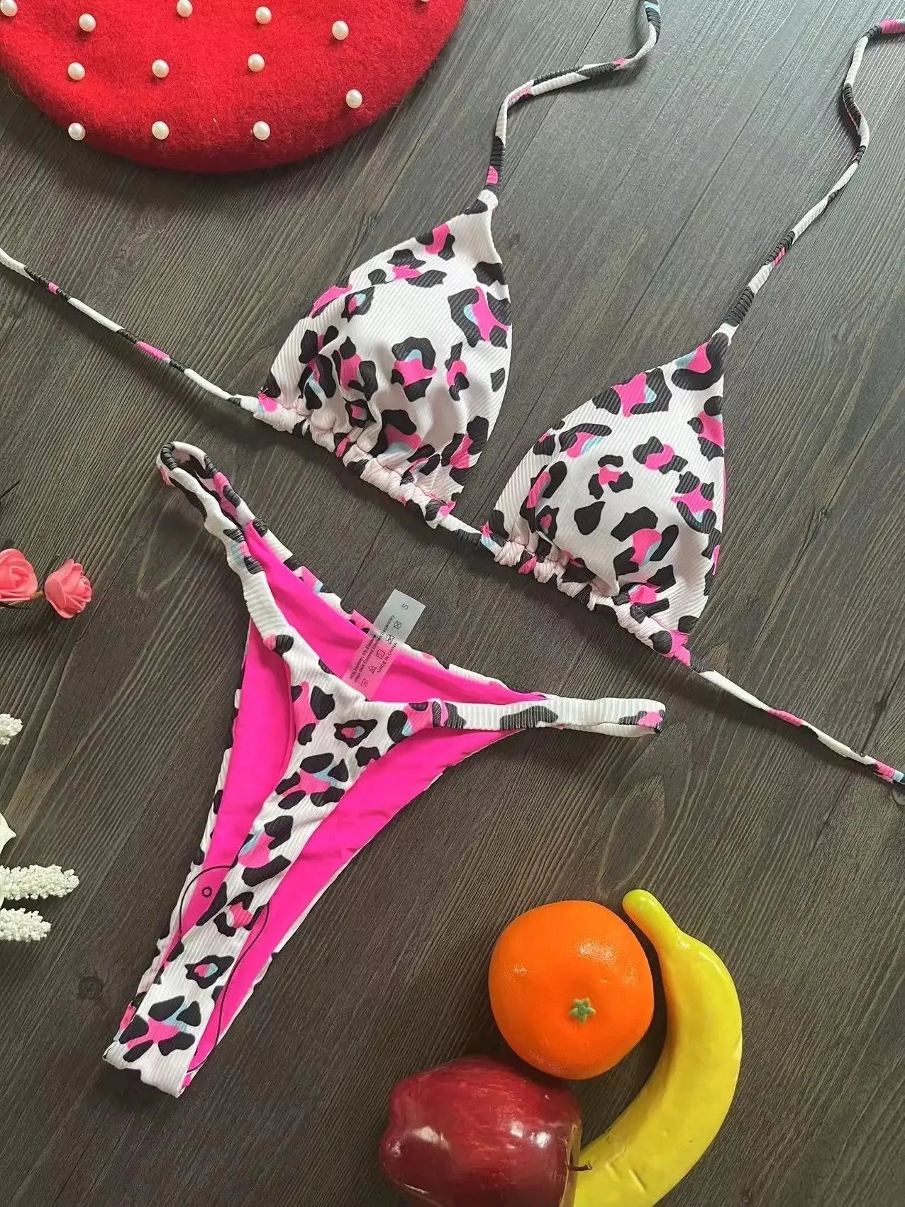 Women's printed nylon bikini swimsuit with cotton-lined briefs in three colour options