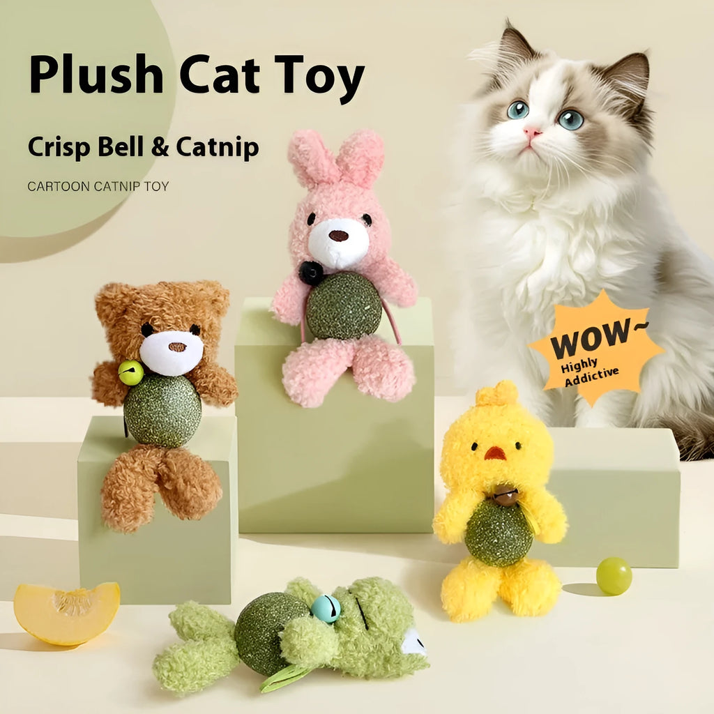 Brown bear plush cat toy with a catnip ball and bell inside on a white background.