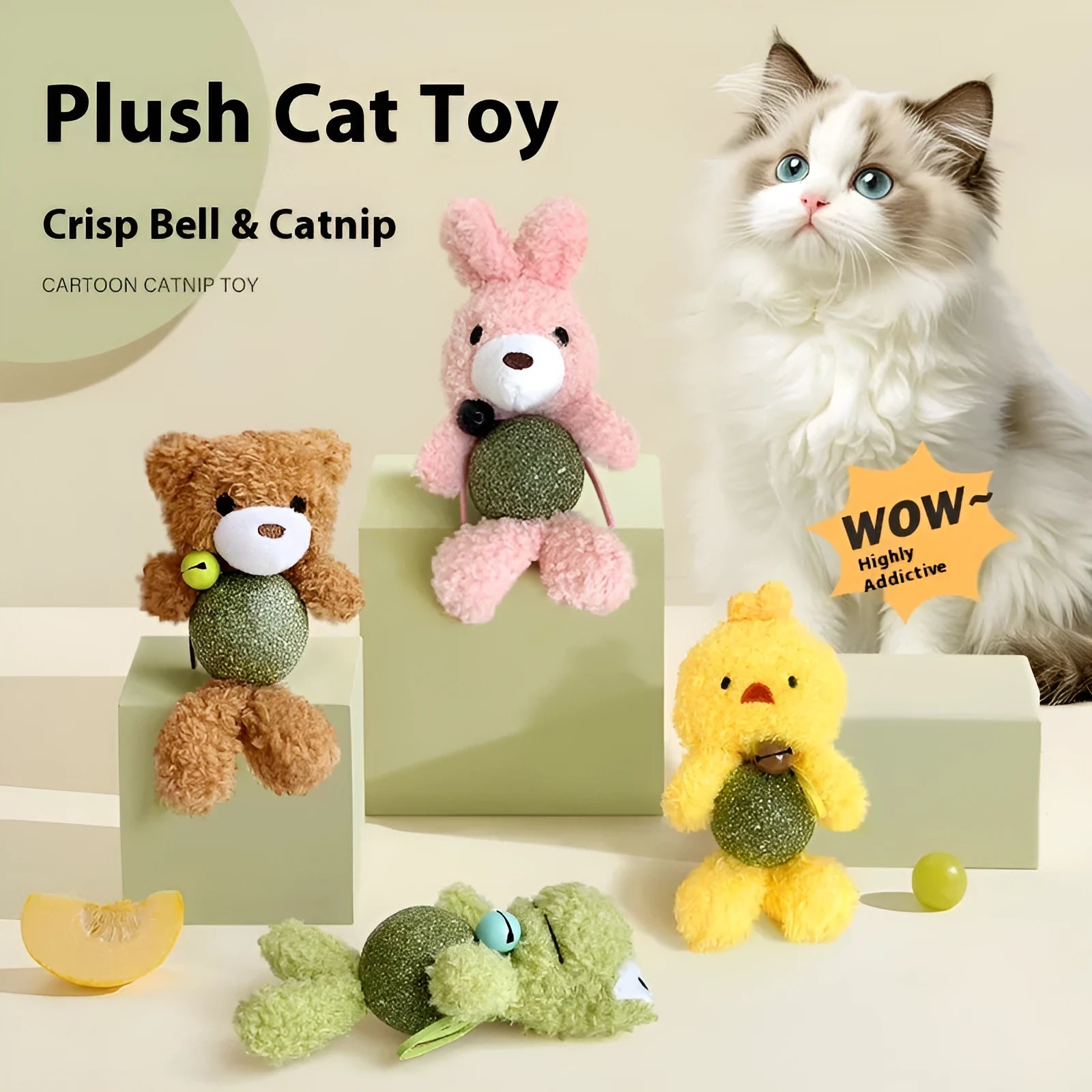Brown bear plush cat toy with a catnip ball and bell inside on a white background.