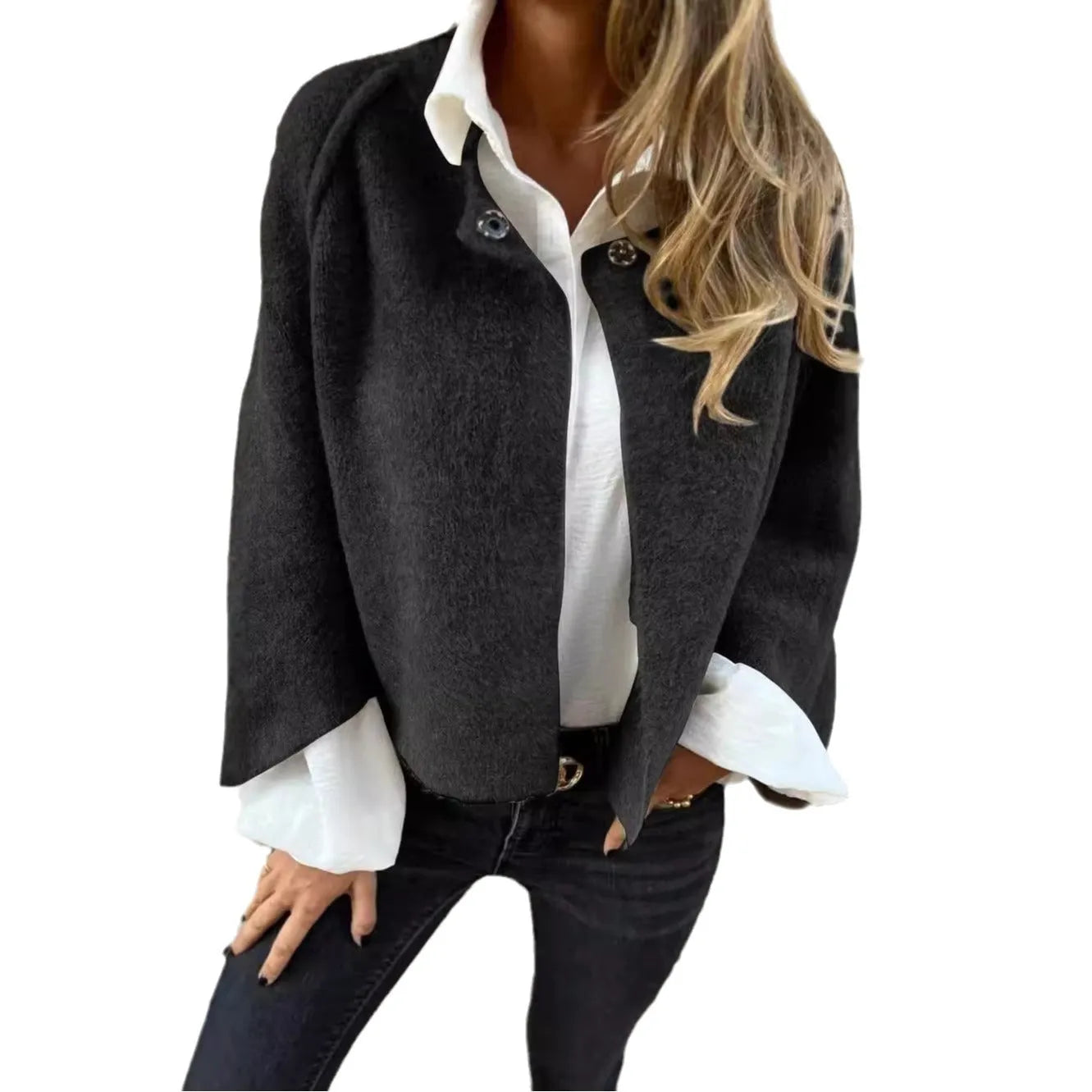 Lady's bat-sleeve cardigan short cashmere coat in polyester fabric, regular fit, long sleeves, 13 colour options