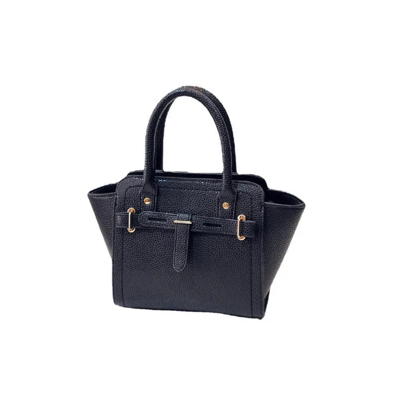 Women's PU messenger bag in black with zipper pocket and shoulder strap, top view with mini iPad inside.
