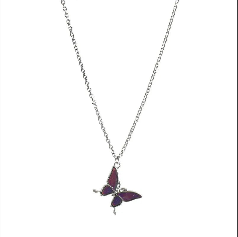 Retro colour-changing butterfly pendant on alloy O-ring chain