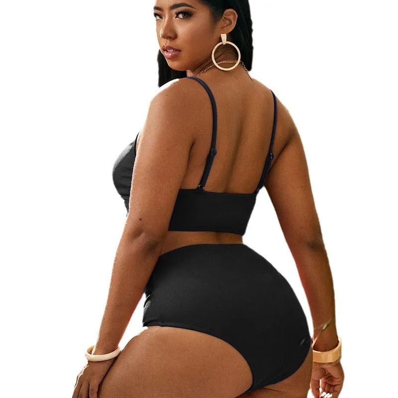 Plus size high waist split bikini swimsuit in solid colour for women, polyester and spandex fabric