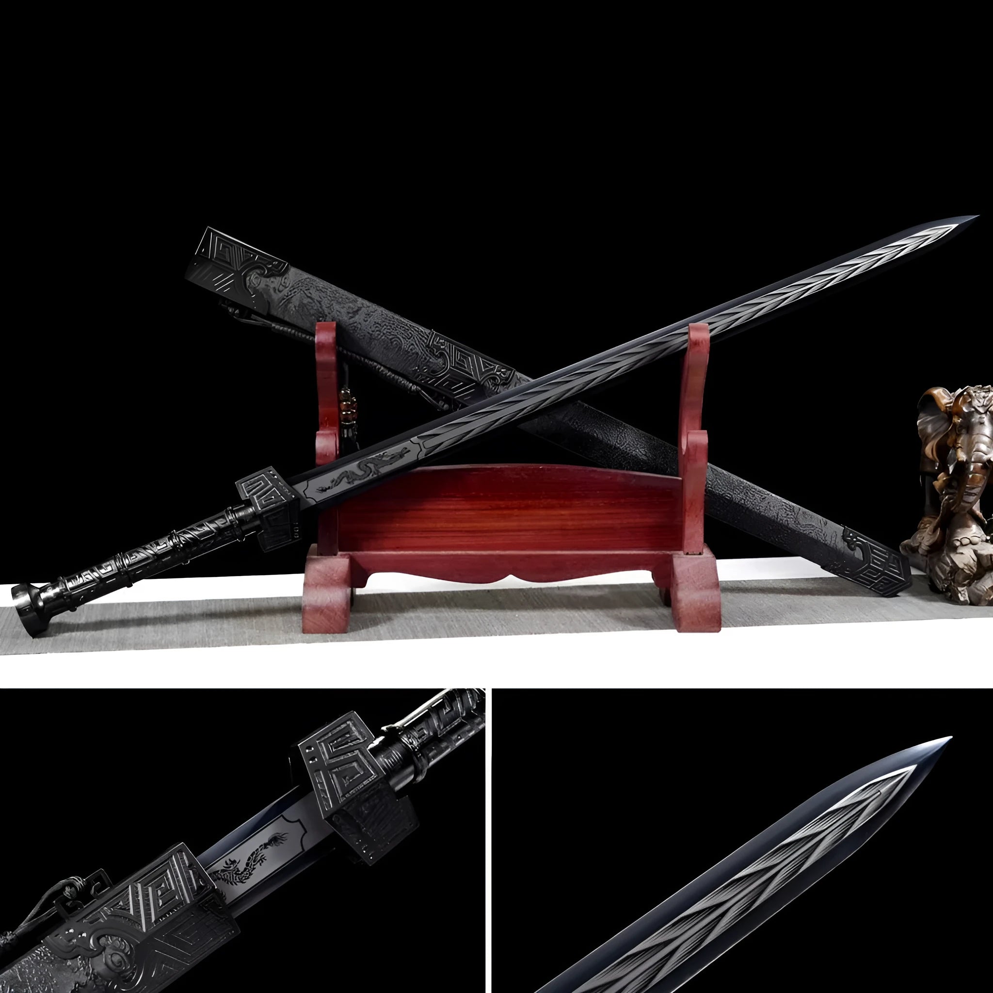 King Of Qin Sword with high manganese steel blade, 102cm overall, unsharpened, in leather-covered scabbard