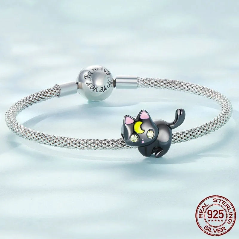 925 silver moon cat charm bead with black gold plating, height 1.6 cm, hole 0.45 cm