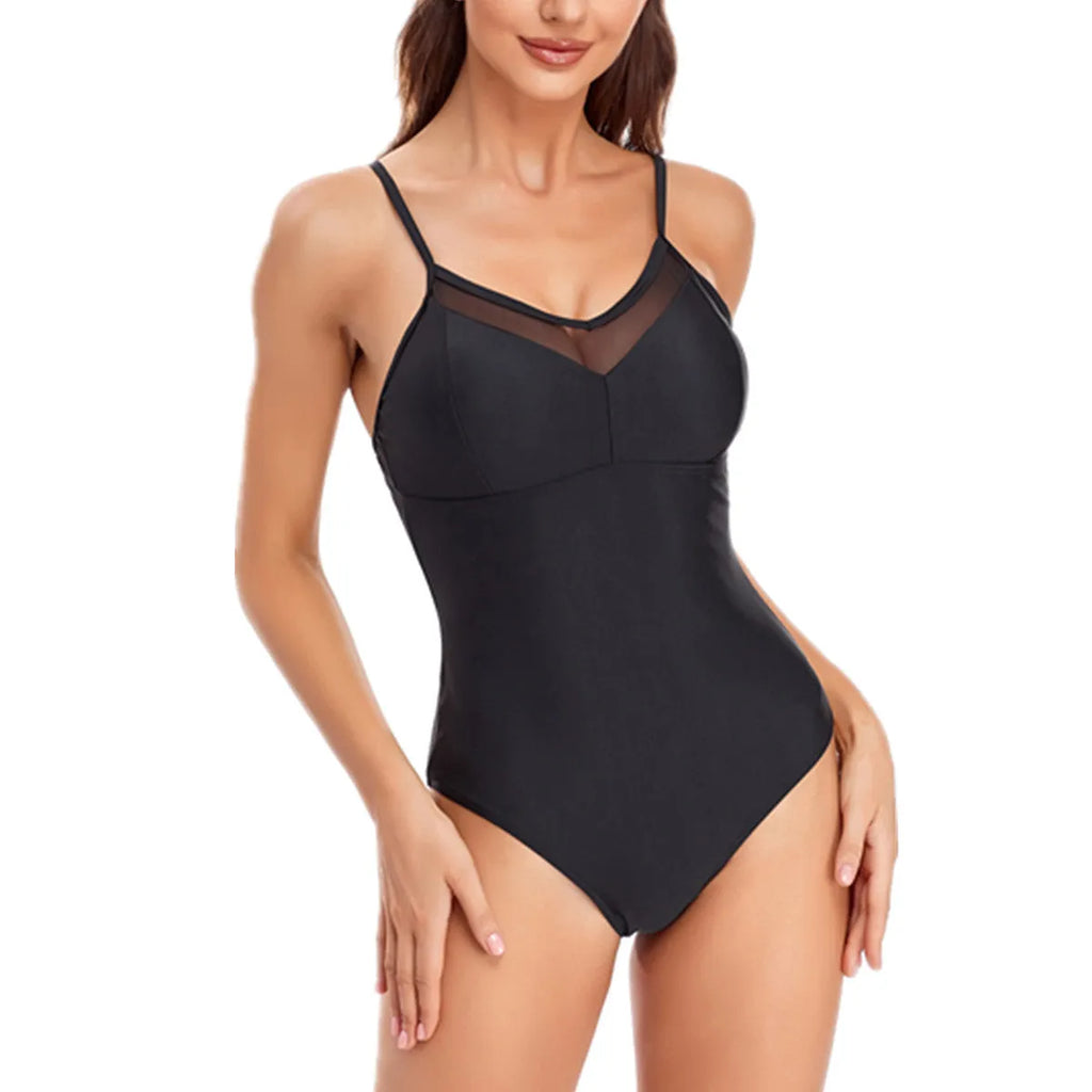 Ladies' solid black backless one-piece swimsuit made from high-elasticity spandex fabric.