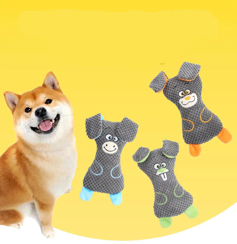 Dog plush bites toy in animal shape with squeaker for teeth cleaning, available in blue green orange