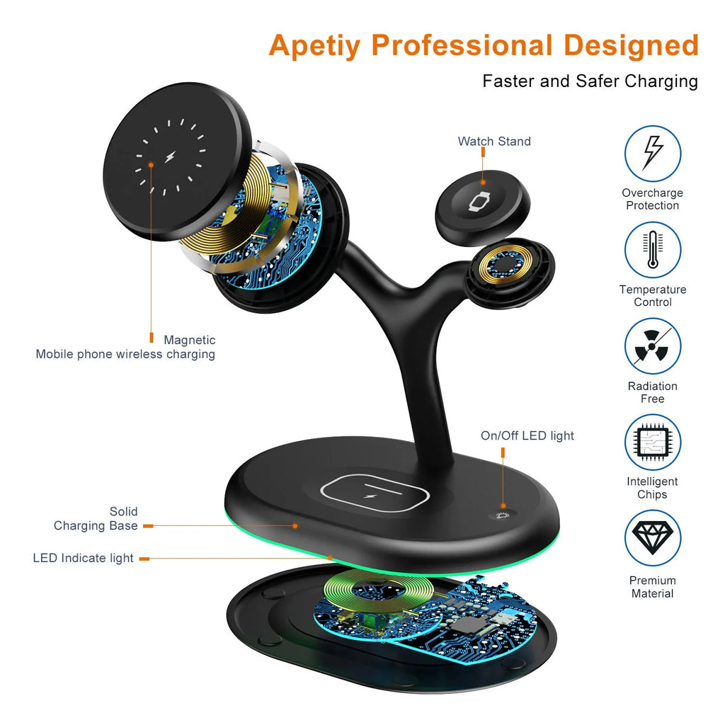Black round wireless charging station with iPhone attached magnetically, Apple Watch on puck, and AirPods case on Qi spot.