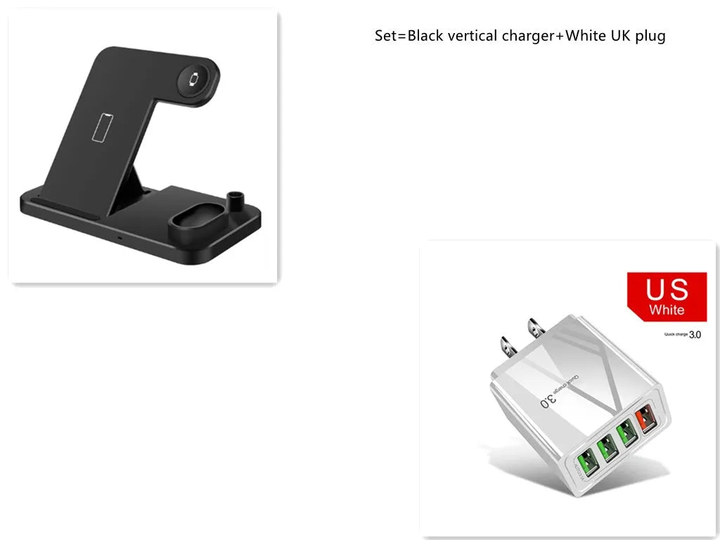 A white 4-in-1 wireless charging station with an adjustable metal stand, charging an iPhone and an Apple Watch.
