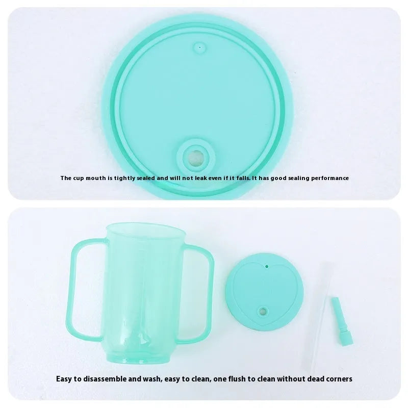 Adult care choking prevention drinking cup with handle and lid, made from white PP plastic.