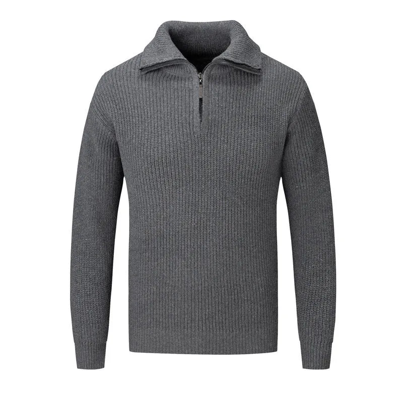 Men's solid colour slim fit pullover sweater on a hanger, shown in camel colour.