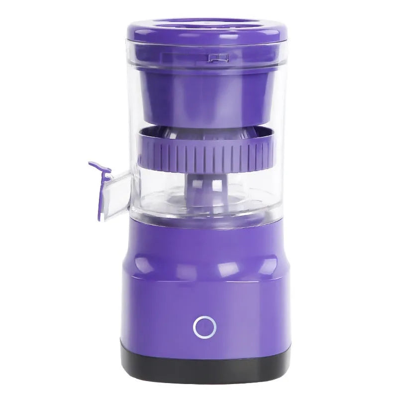 Purple USB rechargeable electric citrus juicer with cone-shaped reamer and 2400mAh battery