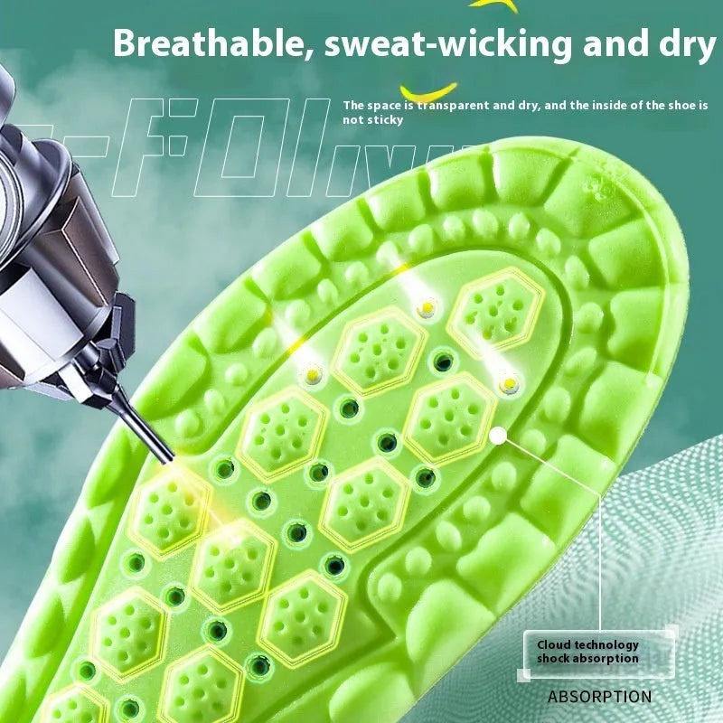 Green PU sports insole with air cushion shock absorption and argy wormwood material.
