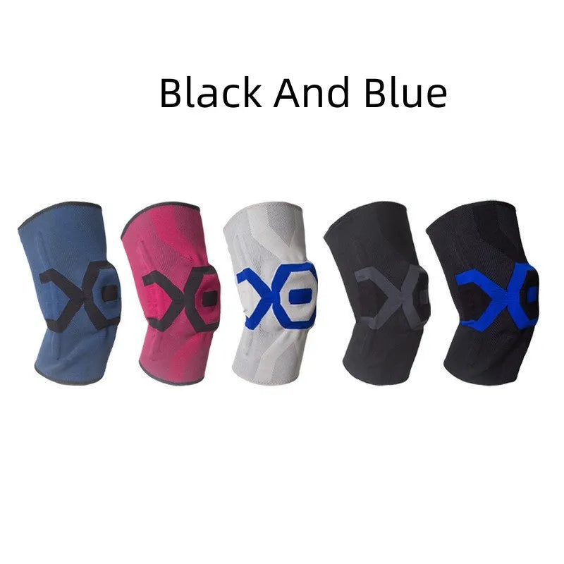 Men's silicone protective knee pads for sports, shown in multiple colour options including black blue and blue white.