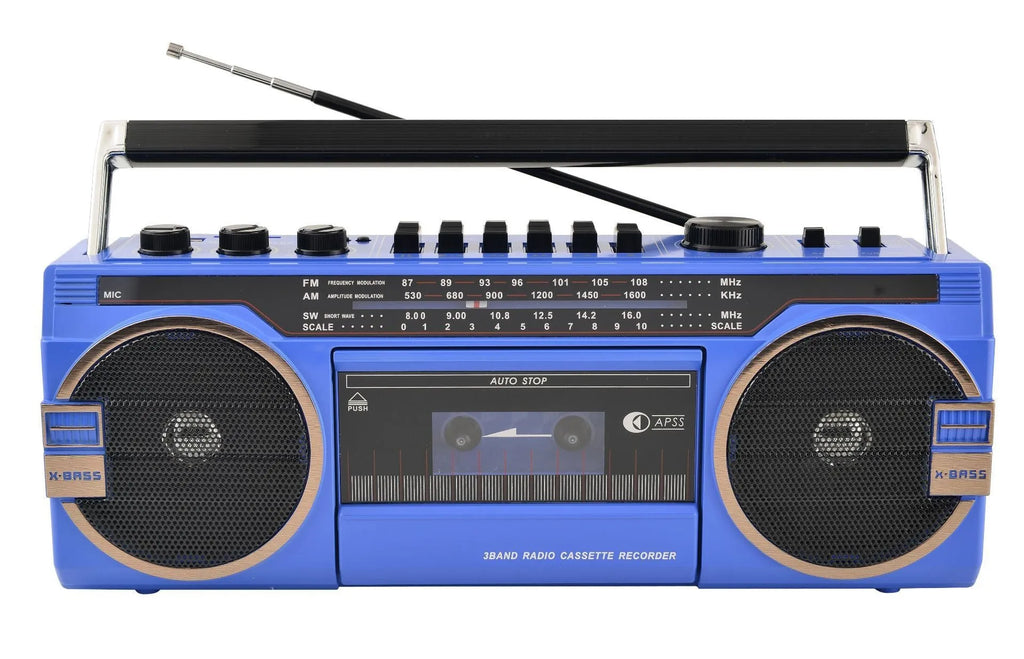 Antique four band recorder radio with USB interface, manual tuning, mono sound, 35x11x13cm, blue or red