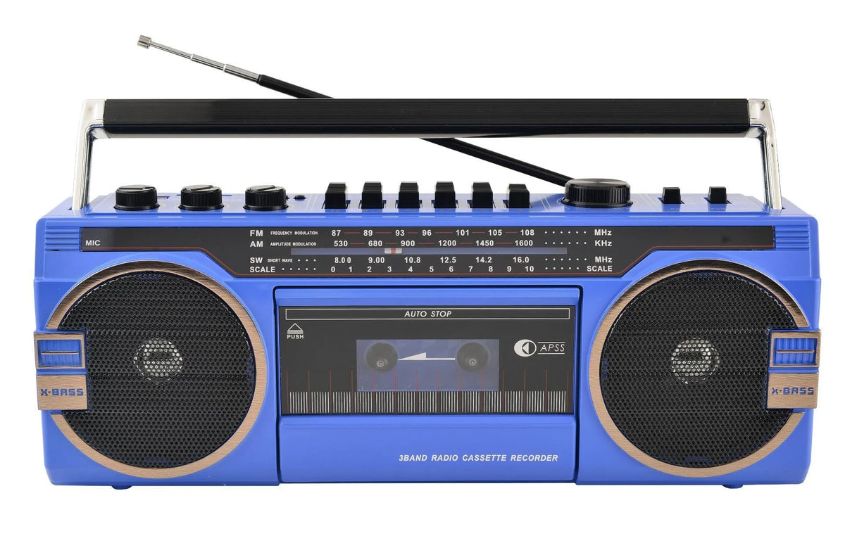 Antique four band recorder radio with USB interface, manual tuning, mono sound, 35x11x13cm, blue or red