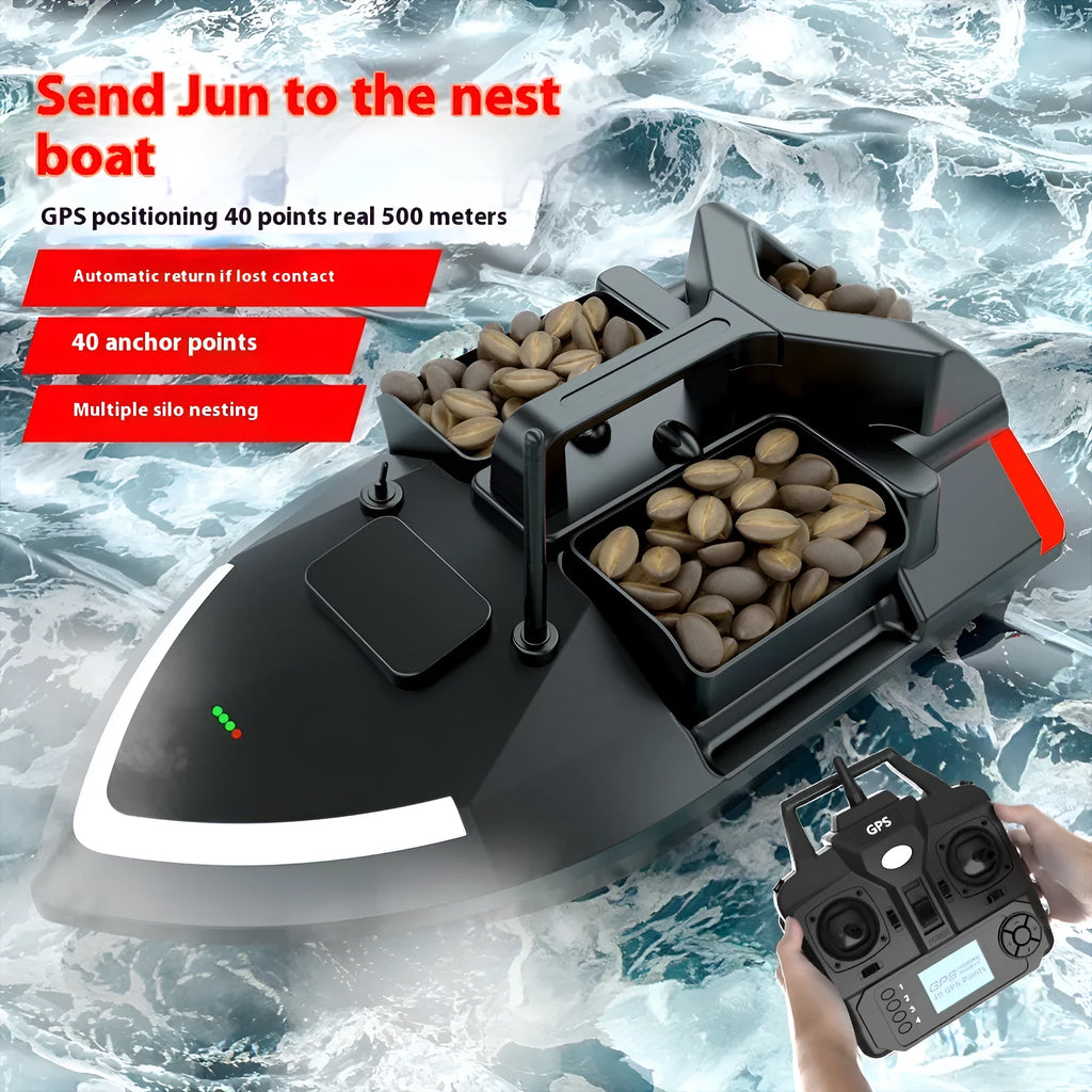 V020 GPS remote control fishing boat with LED light on hull, shown on water with remote.