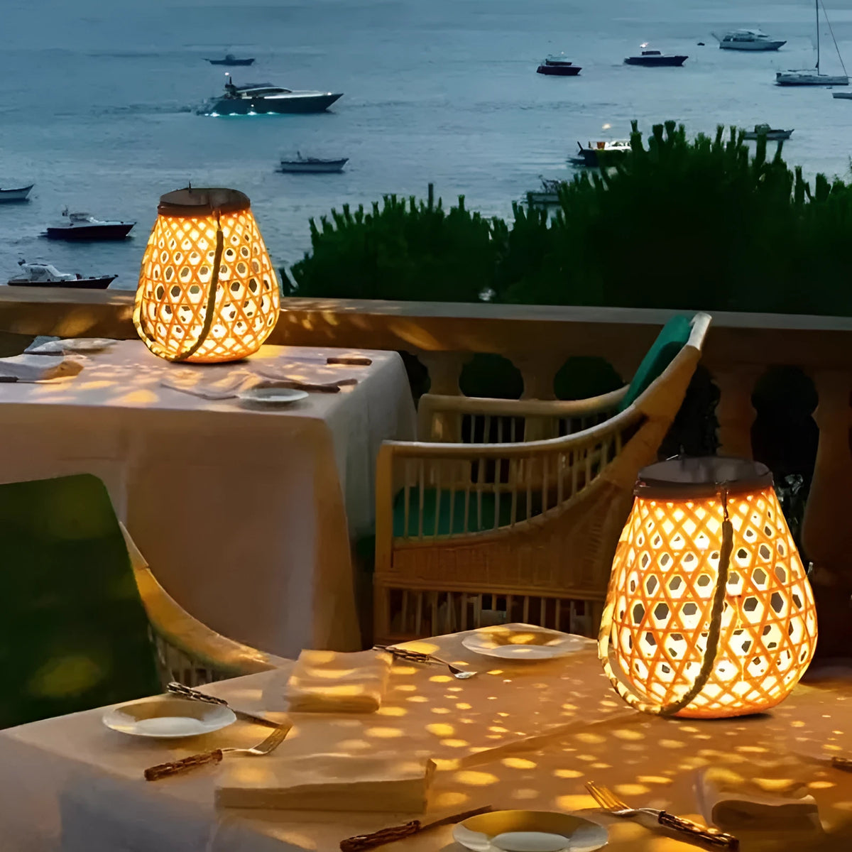 Solar hanging lantern with imitation bamboo woven plastic shade and hollow pattern for outdoor garden lighting