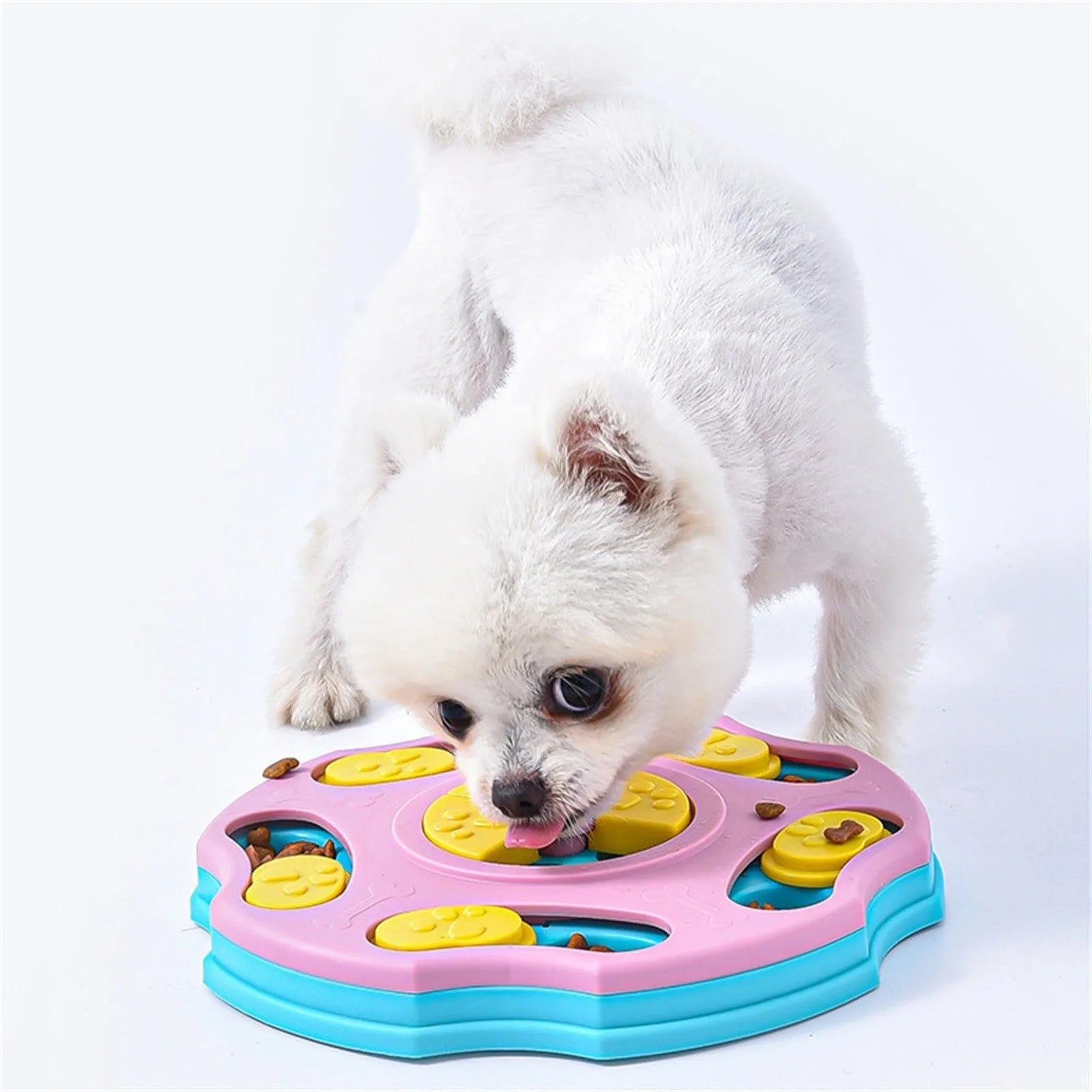 Blue dog puzzle feeder toy with interactive compartments for food dispensing during play