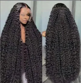 Women's black lace wig with small roll wound tube afro curly style, shown at long length.