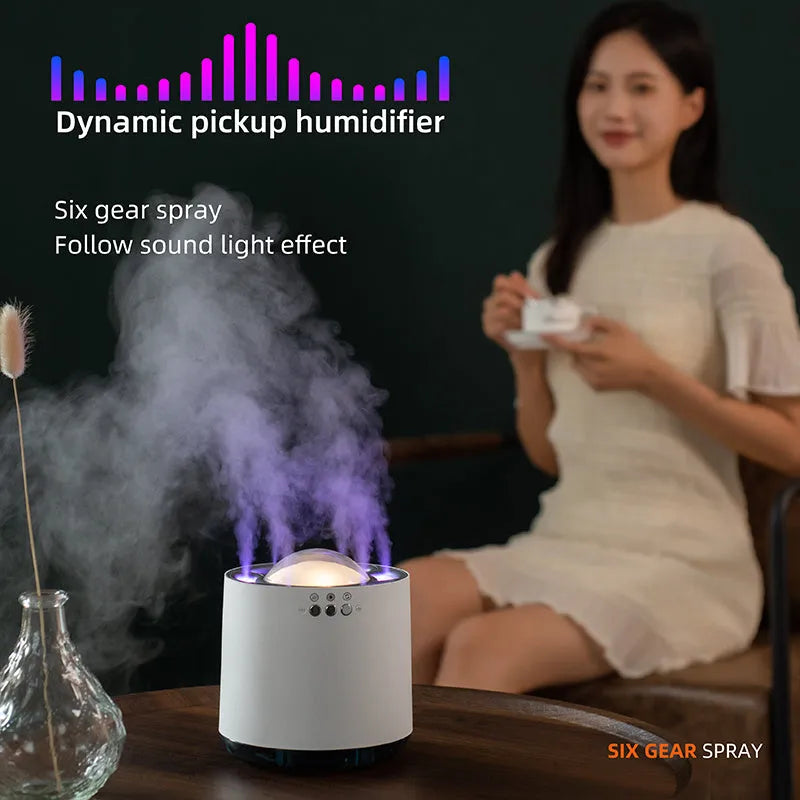 White voice control ultrasonic cool mist humidifier with 800ml tank and 7-colour LED light on a tabletop