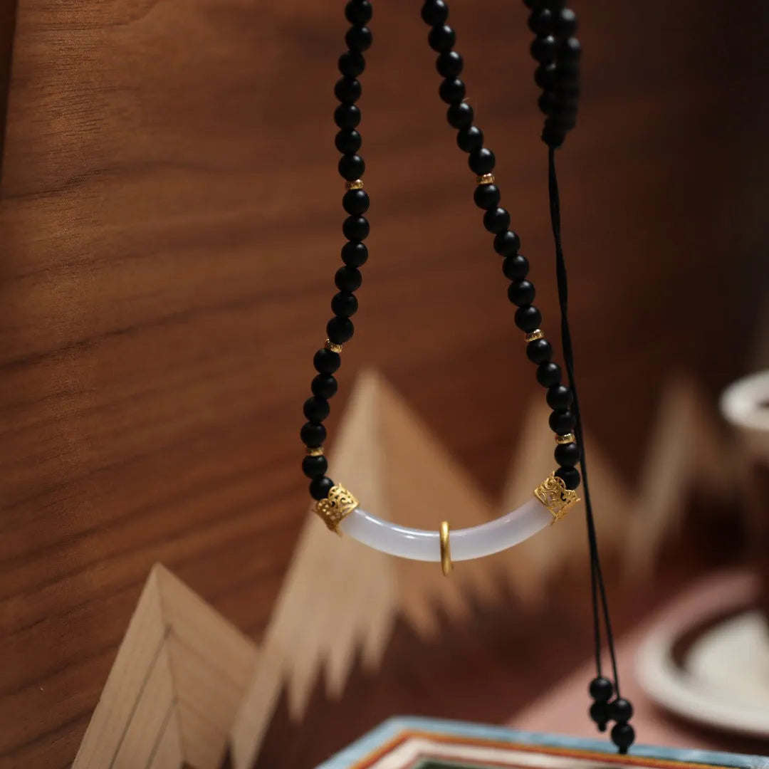 Women's Chinese style necklace with frosted black agate and white chalcedony stones in 925 silver U-shaped pendant