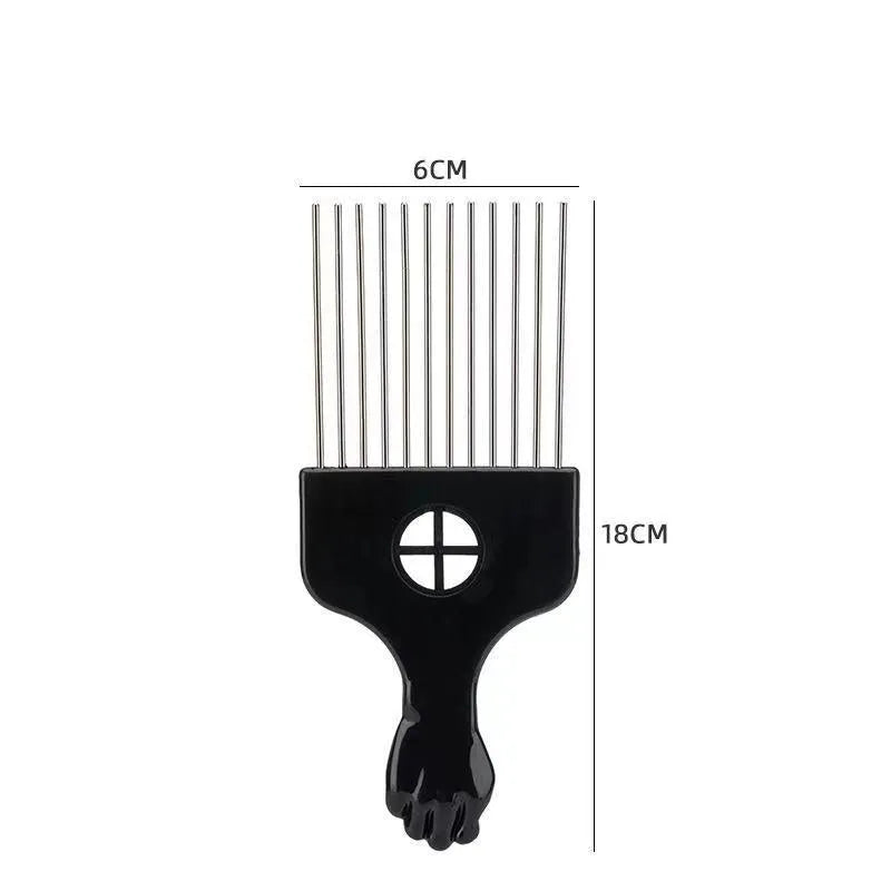 Male creative portable steel needle comb in plastic, over 20cm long, with steel teeth on a light background.