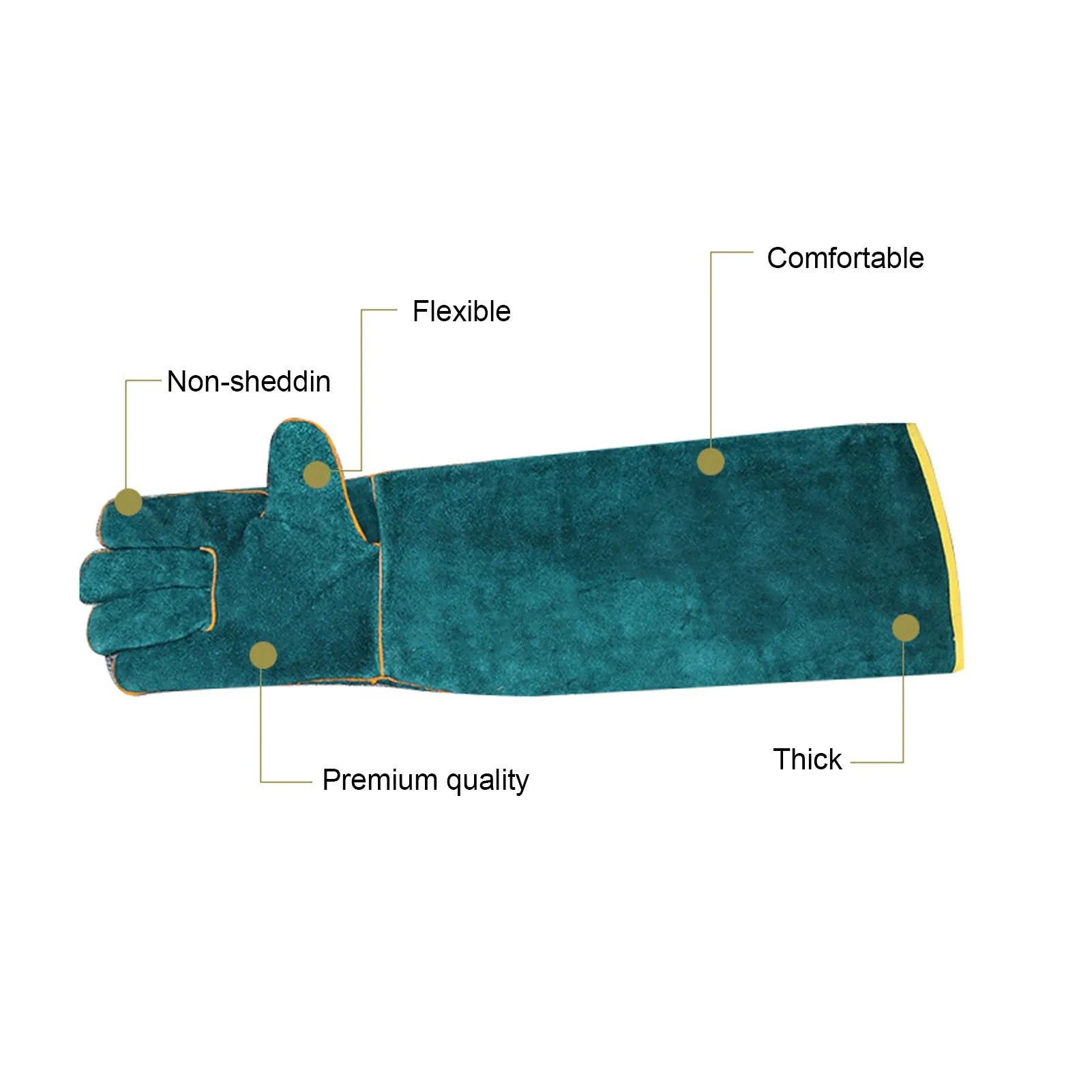 Dark green long sleeve leather gloves for handling and protecting against animal bites and scratches.