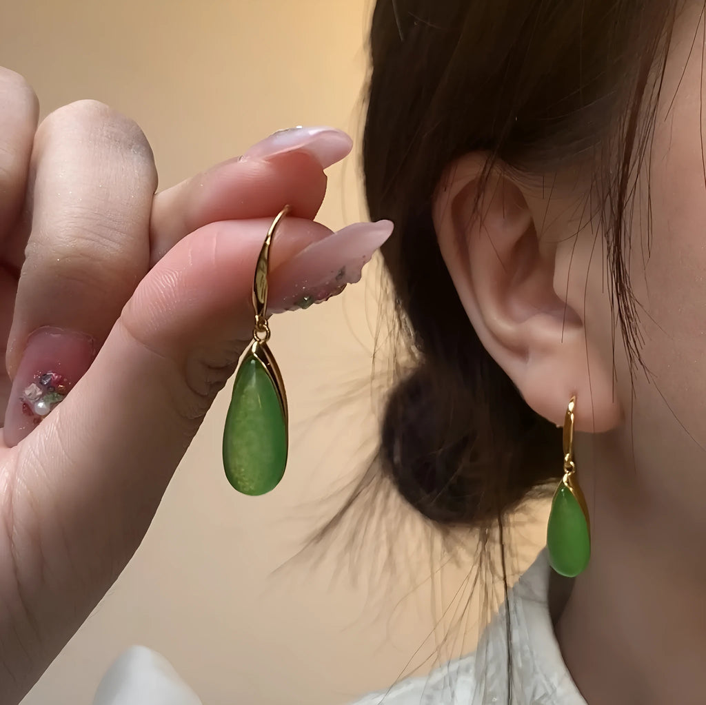 Jade green geometric Chinese-style earrings with water droplet design on copper with gold electroplating