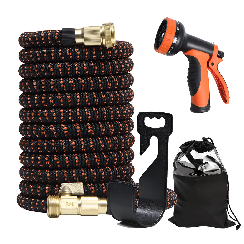 High pressure car wash gun with 30m plastic hose and adjustable spray patterns on driveway