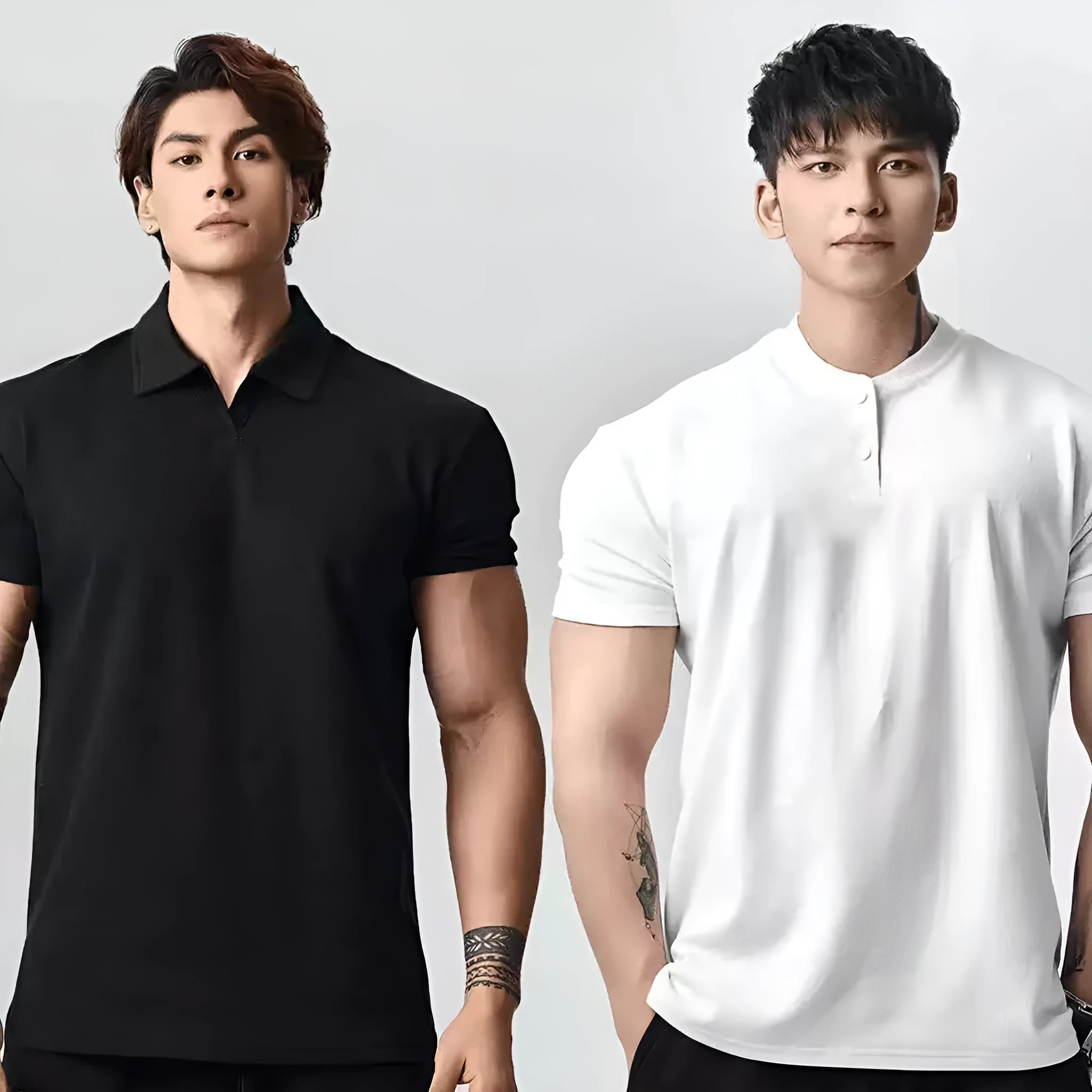 Men's loose fit polyester T-shirt in solid colour with choice of Henry or polo collar